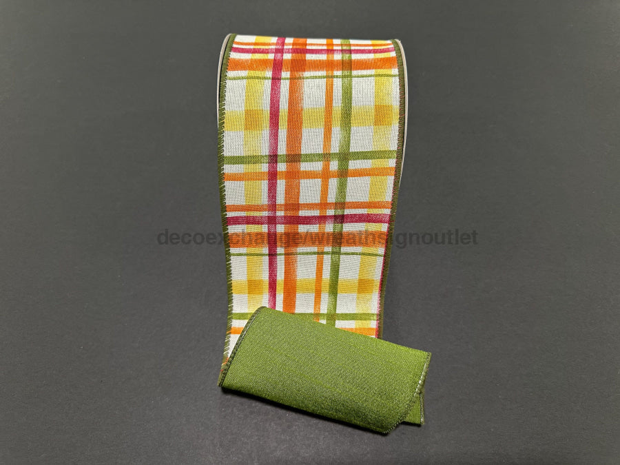 Double Sided Fall Tuttola Plaid/Moss Dupioni 4’’X10Y D61530-04-08 Ribbon