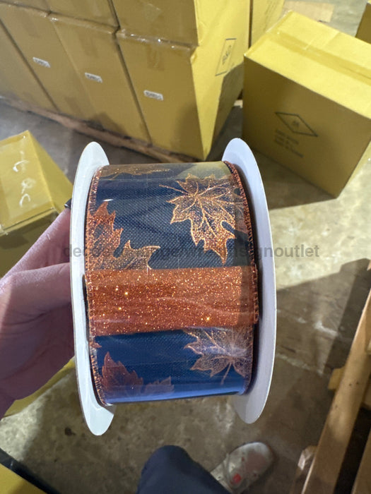 Dbl Sided: Nvy Lin-Rust Leaves/Copp Glit 2.5’X10Y D61441-40-27 Ribbon
