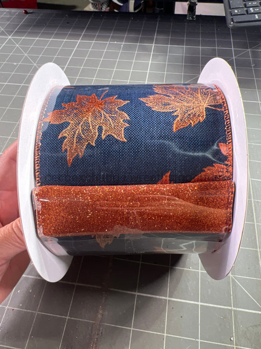 Dbl Sided: Nvy Lin-Rust Leaves/Copp Glit 4’X10Y D61441-04-27 Ribbon