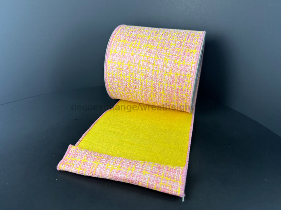 Double Sided Pink-Ylw Tweed-Ylw Dupioni 4’’X10Y D42511-04-49 Ribbon