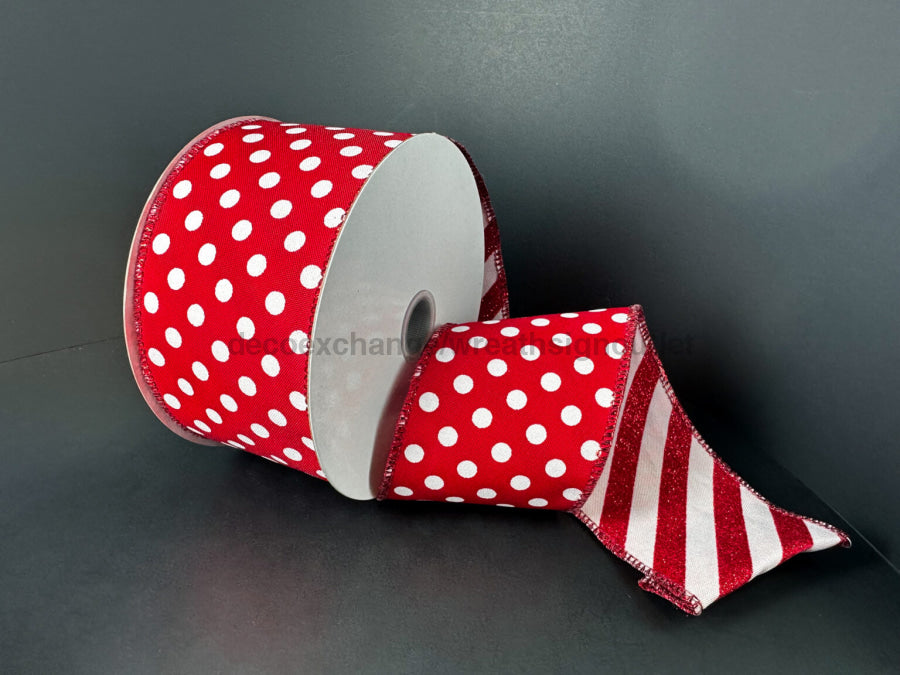 Dbl Sided Rd Stn-Wht Dots/Rd-Wht Glt Cndy Cn Strp 2.5’’X10Y D73581-40-12 Ribbon
