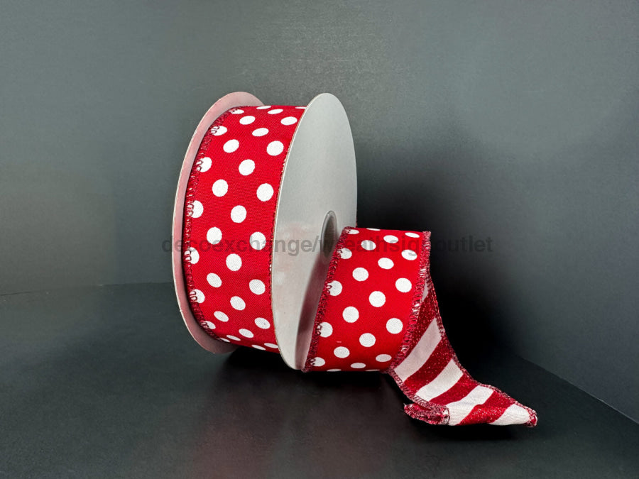 Dbl Sided Rd Stn-Wht Dots/Rd-Wht Glt Cndy Cn Strp 1.5’’X10Y D73581-09-12 Ribbon