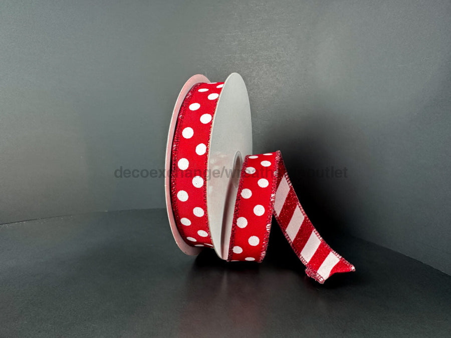 Dbl Sided Rd Stn-Wht Dots/Rd-Wht Glt Cndy Cn Strp 7/8’’X10Y D73581-05-12 Ribbon