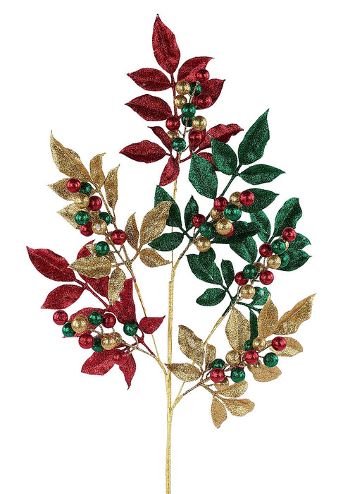 34"L Laser Glitter/Plastic Leaf Spray Red/Emerald Green/Gold XS2588F4
