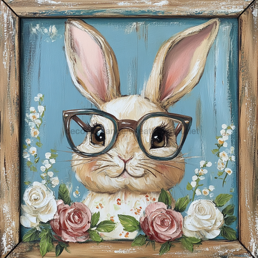 Easter Sign, Bunny in Glasses,, DCO-12662, Sign For Wreath, 10x10" Metal Sign