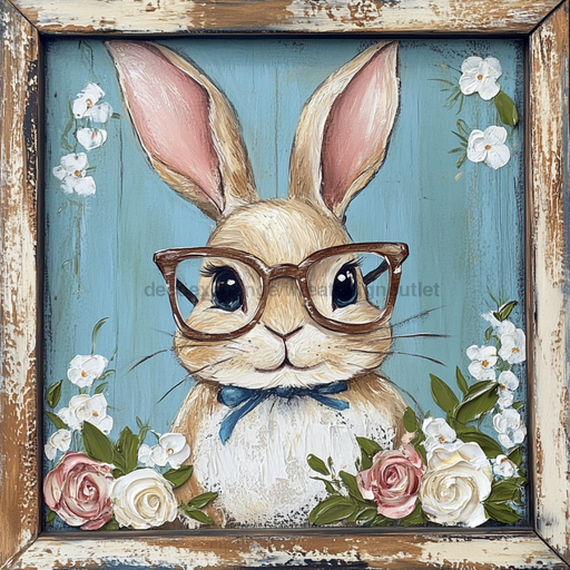 Easter Sign, Bunny in Glasses,, DCO-12663, Sign For Wreath, 10x10" Metal Sign