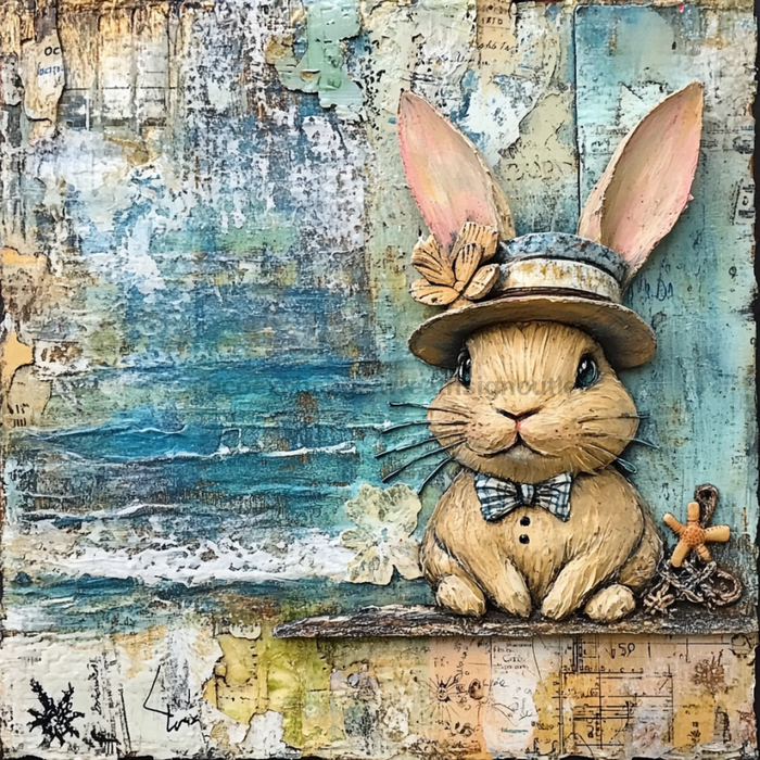 Easter Sign, Bunny in Hat,, DCO-12728, Sign For Wreath, 10x10" Metal Sign