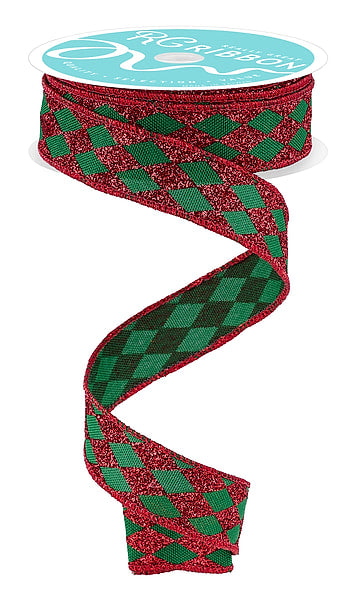 7/8" X 10YD Glitter Harlequin Emerald Green/Red RGH744058