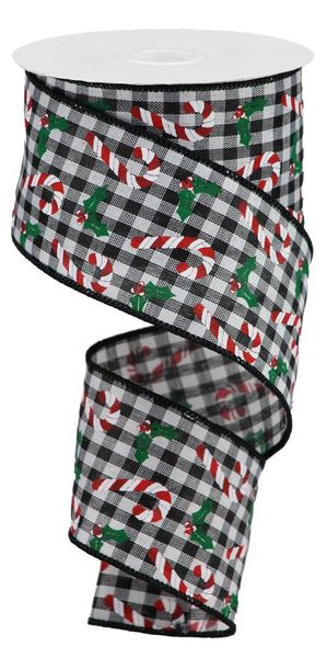 2.5"X10YD Candy CANES/HOLLY on Gingham Black/White/Red/Emerald RGB1146L6