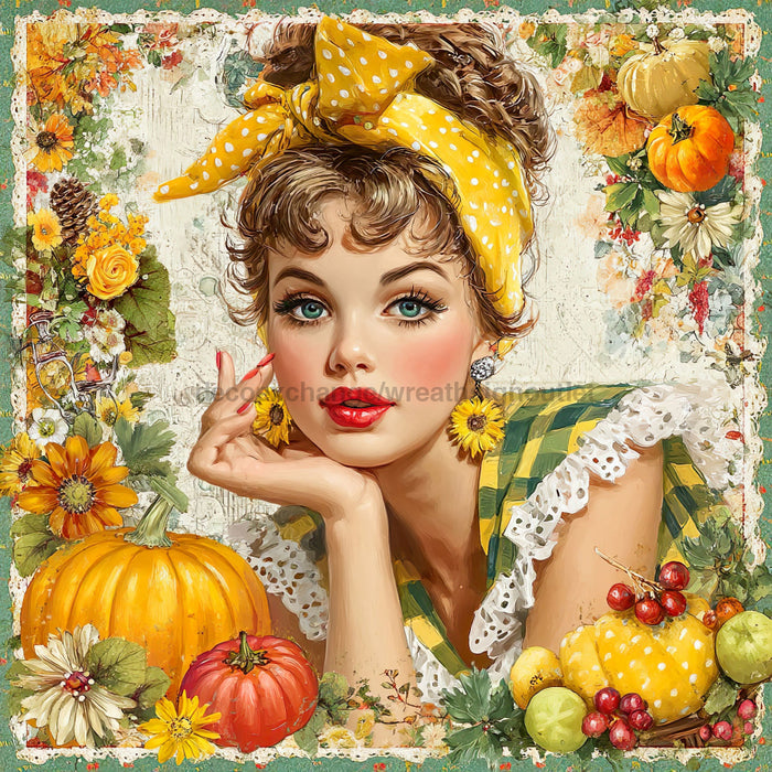 Fall Pin up Girl Sign, DCO-102050, Sign For Wreath, 10x10in Metal Sign