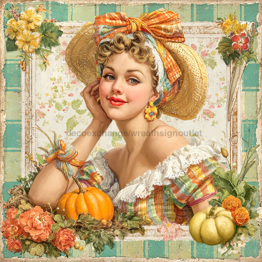Fall Pin up Girl Sign, DCO-102056, Sign For Wreath, 10x10in Metal Sign