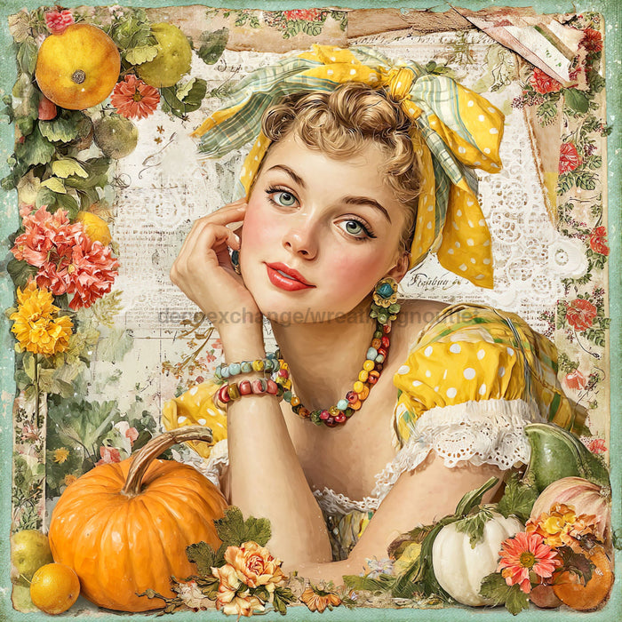 Fall Pin up Girl Sign, DCO-102058, Sign For Wreath, 10x10in Metal Sign