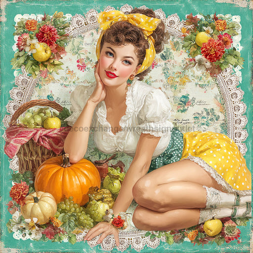 Fall Pin up Girl Sign, DCO-102059, Sign For Wreath, 10x10in Metal Sign