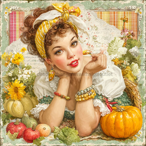 Fall Pin up Girl Sign, DCO-102064, Sign For Wreath, 10x10in Metal Sign