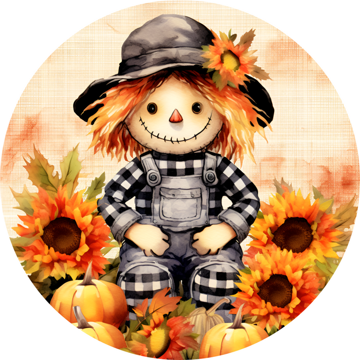 Fall Sign Cute Scare Crow Decoe-4671 For Wreath 10 Round Metal