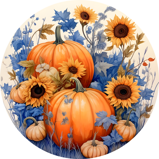 Fall Sign, Pumpkin Sign, Blue Fall Sign, DECOE-4634, Sign For Wreath, 10" Round Metal Sign - DecoExchange®