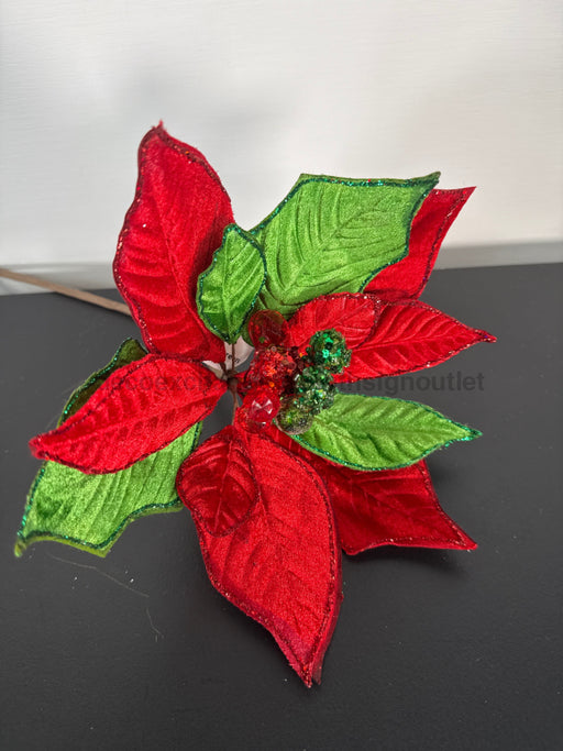 Floral Red And Green Poinsettia Stem F192810 Pick