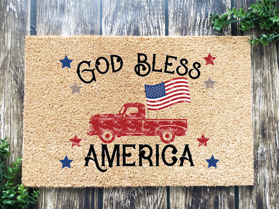 Funny Doormat, Coir Doormat, Welcome Mat, Housewarming Gift, God Bless America Welcome Doormat, Red Truck Front Door Doormat, Welcome Doormat, New Homeowner Gift DECOE-CM-094 - DecoExchange®