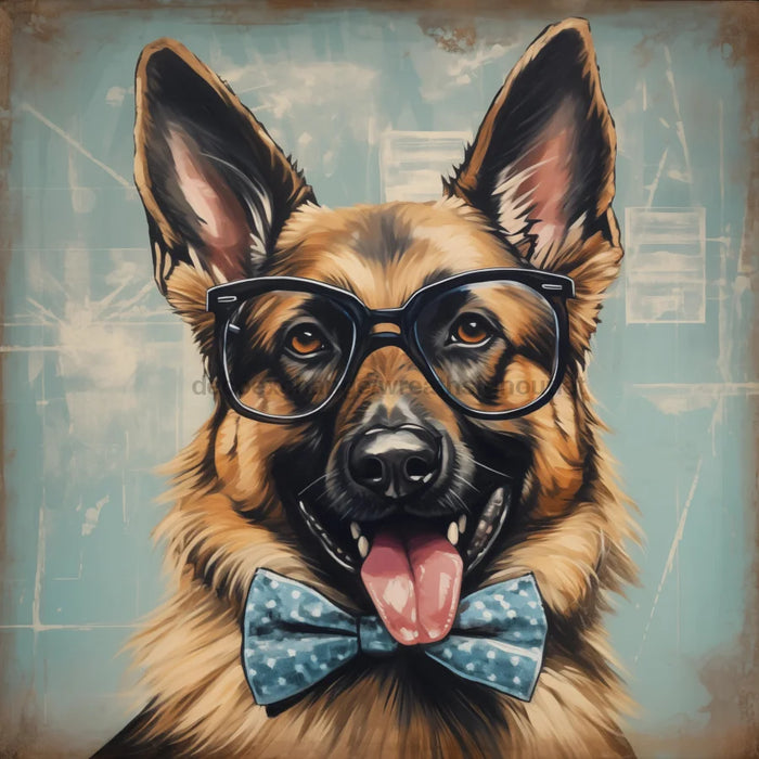 German Shephard Dog With Glasses Sign Funny Animal Wall Art Dco - 01344 For Wreath 10X10’ Metal