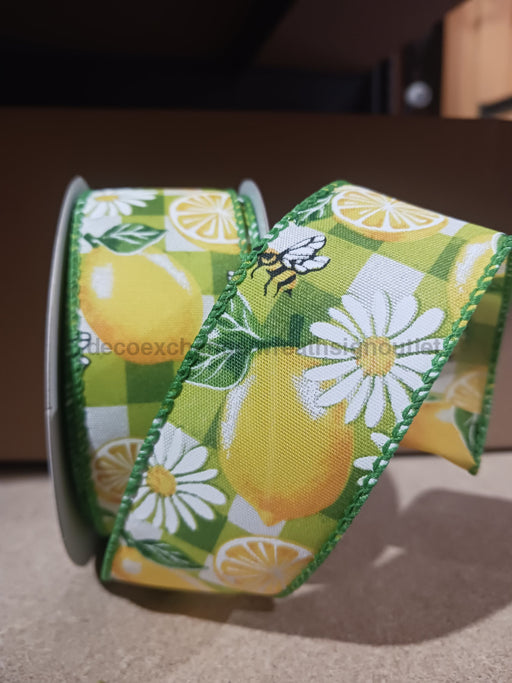 Green Watercolor Plaid/Lemons-Daisies 1.5’’X10Y 41535-09-29 Ribbon