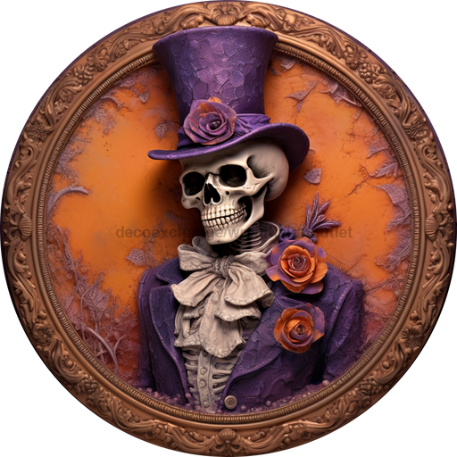 Halloween Sign 3D Skeleton Decoe-4605 For Wreath 10 Round Metal