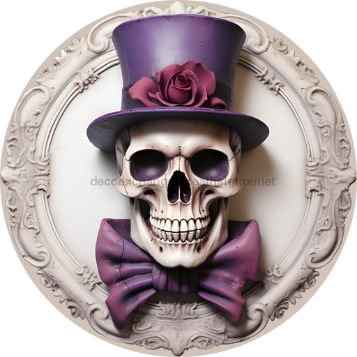 Halloween Sign, 3D Skeleton Sign, DECOE-4645, Sign For Wreath, 10" Round Metal Sign - DecoExchange®