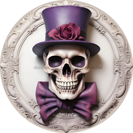 Halloween Sign, 3D Skeleton Sign, DECOE-4645, Sign For Wreath, 10" Round Metal Sign - DecoExchange®