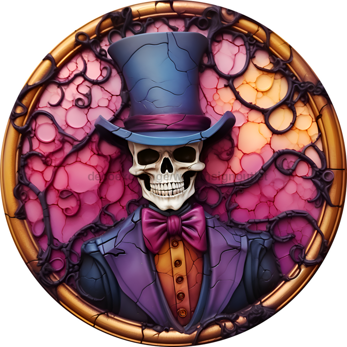 Halloween Sign, 3D Skeleton Sign, DECOE-4647, Sign For Wreath, 10" Round Metal Sign - DecoExchange®