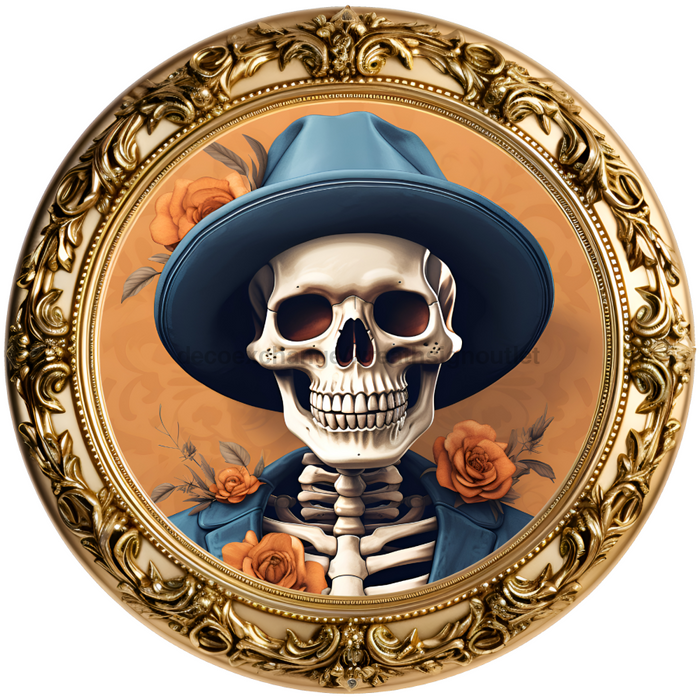 Halloween Sign, 3D Skeleton Sign, DECOE-4653, Sign For Wreath, 10" Round Metal Sign - DecoExchange®