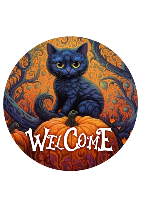 Halloween Sign Cat Decoe-4618 Wreath 8 Metal Round