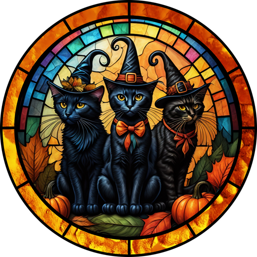 Halloween Sign Cat Stained Glass Decoe-4600 Wreath 8 Metal Round