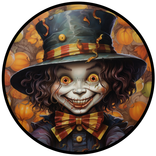 Halloween Sign, Creepy Clown Sign, 3D Halloween, DCO-00473, Sign For Wreath, 10" Round Metal Sign - DecoExchange®
