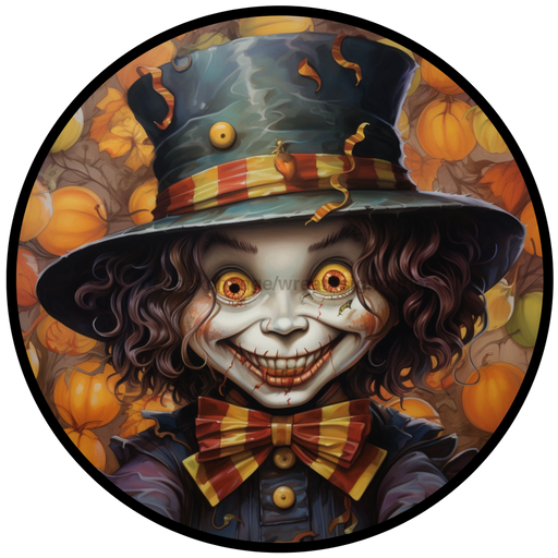 Halloween Sign, Creepy Clown Sign, 3D Halloween, DCO-00473, Sign For Wreath, 10" Round Metal Sign - DecoExchange®