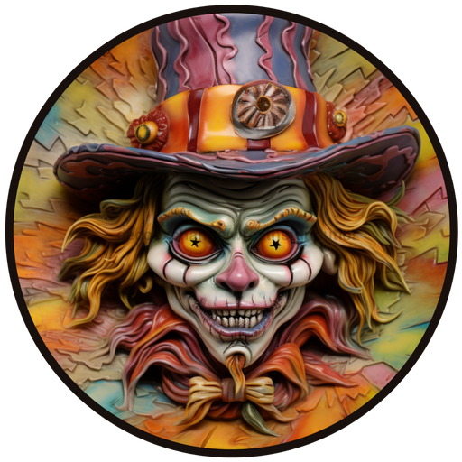 Halloween Sign, Creepy Clown Sign, 3D Halloween, DCO-00474, Sign For Wreath, 10" Round Metal Sign - DecoExchange®