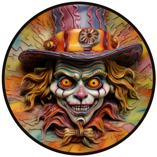 Halloween Sign, Creepy Clown Sign, 3D Halloween, DCO-00474, Sign For Wreath, 10" Round Metal Sign - DecoExchange®