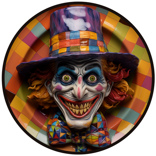 Halloween Sign, Creepy Clown Sign, 3D Halloween, DCO-00475, Sign For Wreath, 10" Round Metal Sign - DecoExchange®