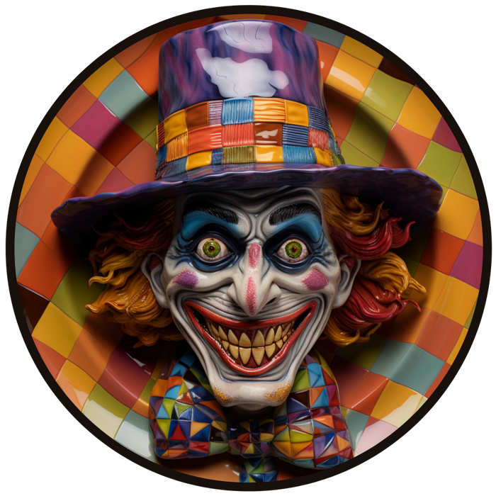 Halloween Sign, Creepy Clown Sign, 3D Halloween, DCO-00475, Sign For Wreath, 10" Round Metal Sign - DecoExchange®