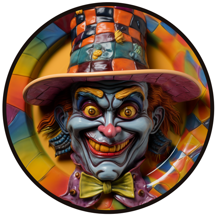 Halloween Sign, Creepy Clown Sign, 3D Halloween, DCO-00476, Sign For Wreath, 10" Round Metal Sign - DecoExchange®