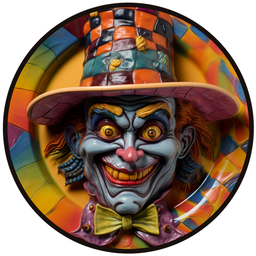 Halloween Sign, Creepy Clown Sign, 3D Halloween, DCO-00476, Sign For Wreath, 10" Round Metal Sign - DecoExchange®