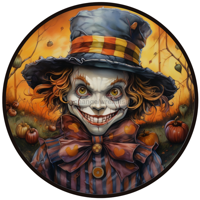 Halloween Sign, Creepy Clown Sign, 3D Halloween, DCO-00477, Sign For Wreath, 10" Round Metal Sign - DecoExchange®