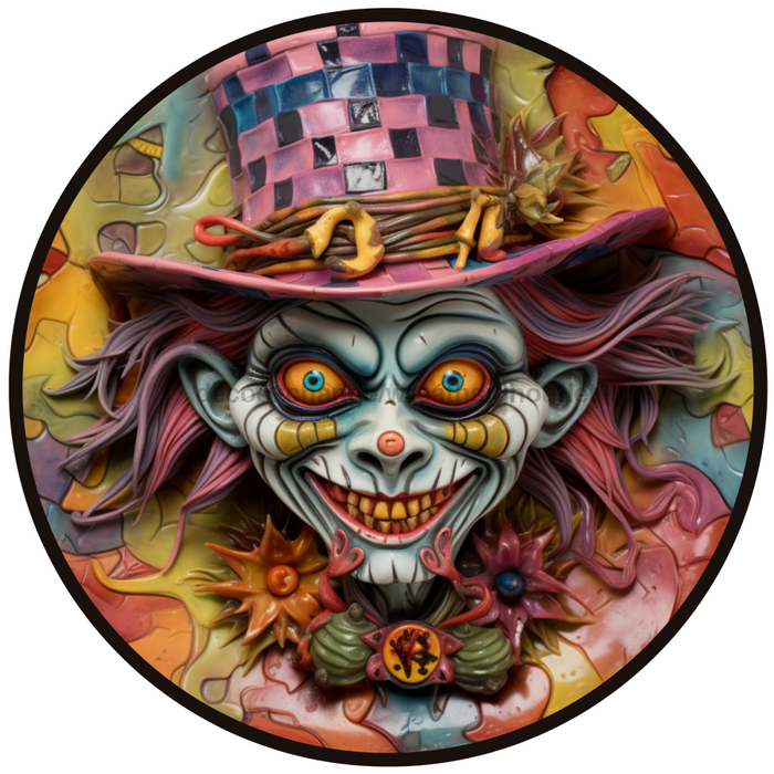 Halloween Sign, Creepy Clown Sign, 3D Halloween, DCO-00478, Sign For Wreath, 10" Round Metal Sign - DecoExchange®