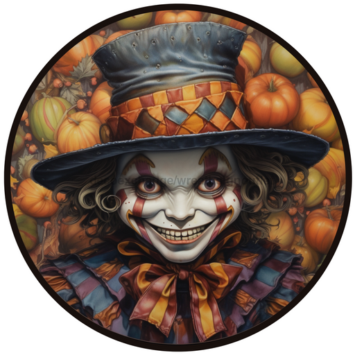 Halloween Sign, Creepy Clown Sign, 3D Halloween, DCO-00479, Sign For Wreath, 10" Round Metal Sign - DecoExchange®