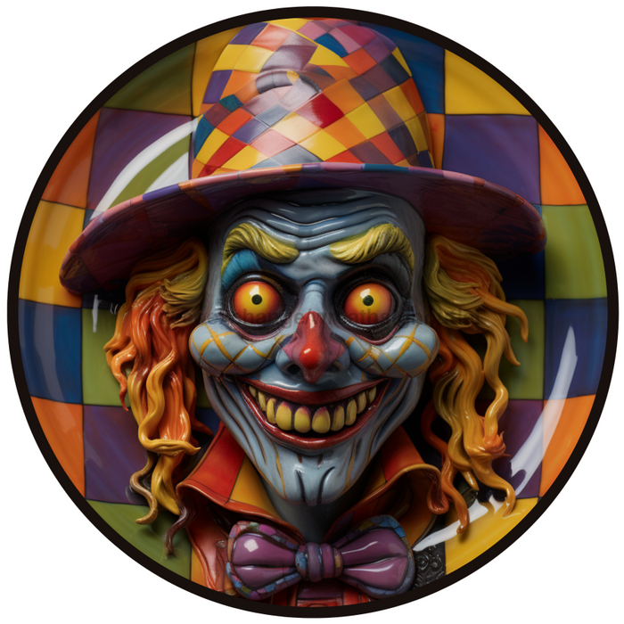 Halloween Sign, Creepy Clown Sign, 3D Halloween, DCO-00484, Sign For Wreath, 10" Round Metal Sign - DecoExchange®