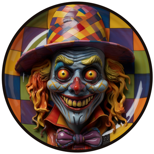 Halloween Sign, Creepy Clown Sign, 3D Halloween, DCO-00484, Sign For Wreath, 10" Round Metal Sign - DecoExchange®