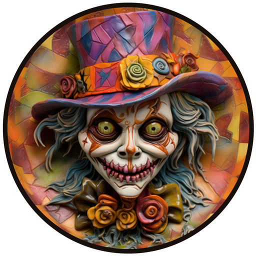 Halloween Sign, Creepy Clown Sign, 3D Halloween, DCO-00485, Sign For Wreath, 10" Round Metal Sign - DecoExchange®