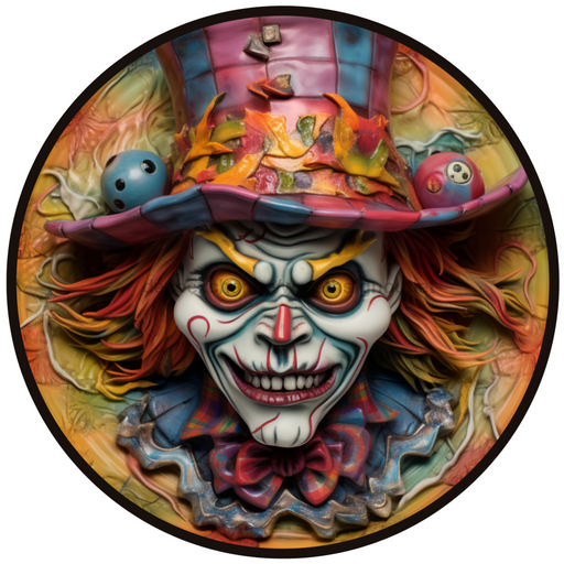 Halloween Sign, Creepy Clown Sign, 3D Halloween, DCO-00486, Sign For Wreath, 10" Round Metal Sign - DecoExchange®