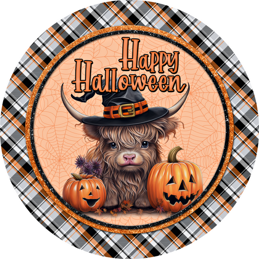 Halloween Sign Highland Cow Cute Decoe-4613 Wreath 8 Metal Round