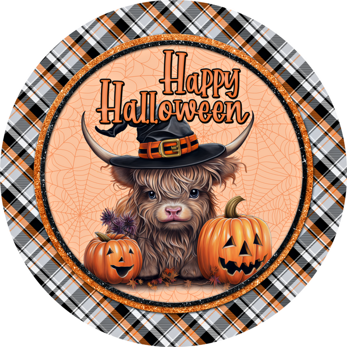 Halloween Sign Highland Cow Cute Decoe-4613 Wreath 8 Metal Round