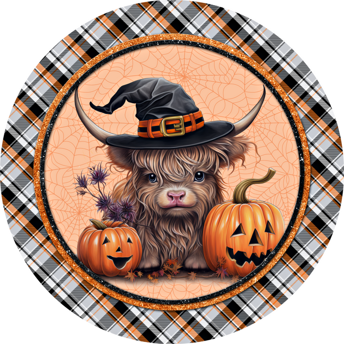 Halloween Sign Highland Cow Cute Decoe-4614 Door Hanger 18 Wood Round