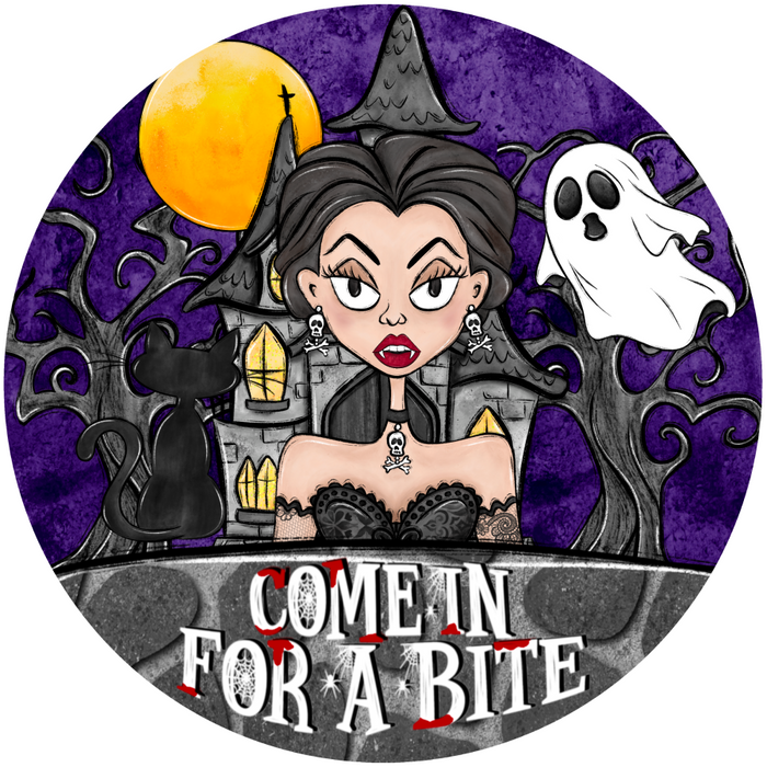 Halloween Sign Witch Come In For A Bite Decoe-4666 Wreath 10 Round Metal